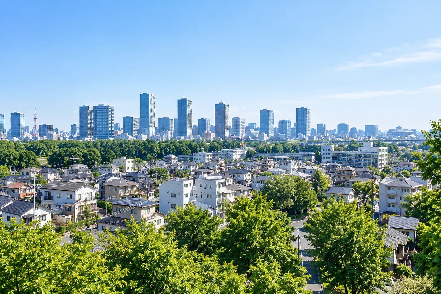 緑の多いさいたま市の街並みと高層ビル